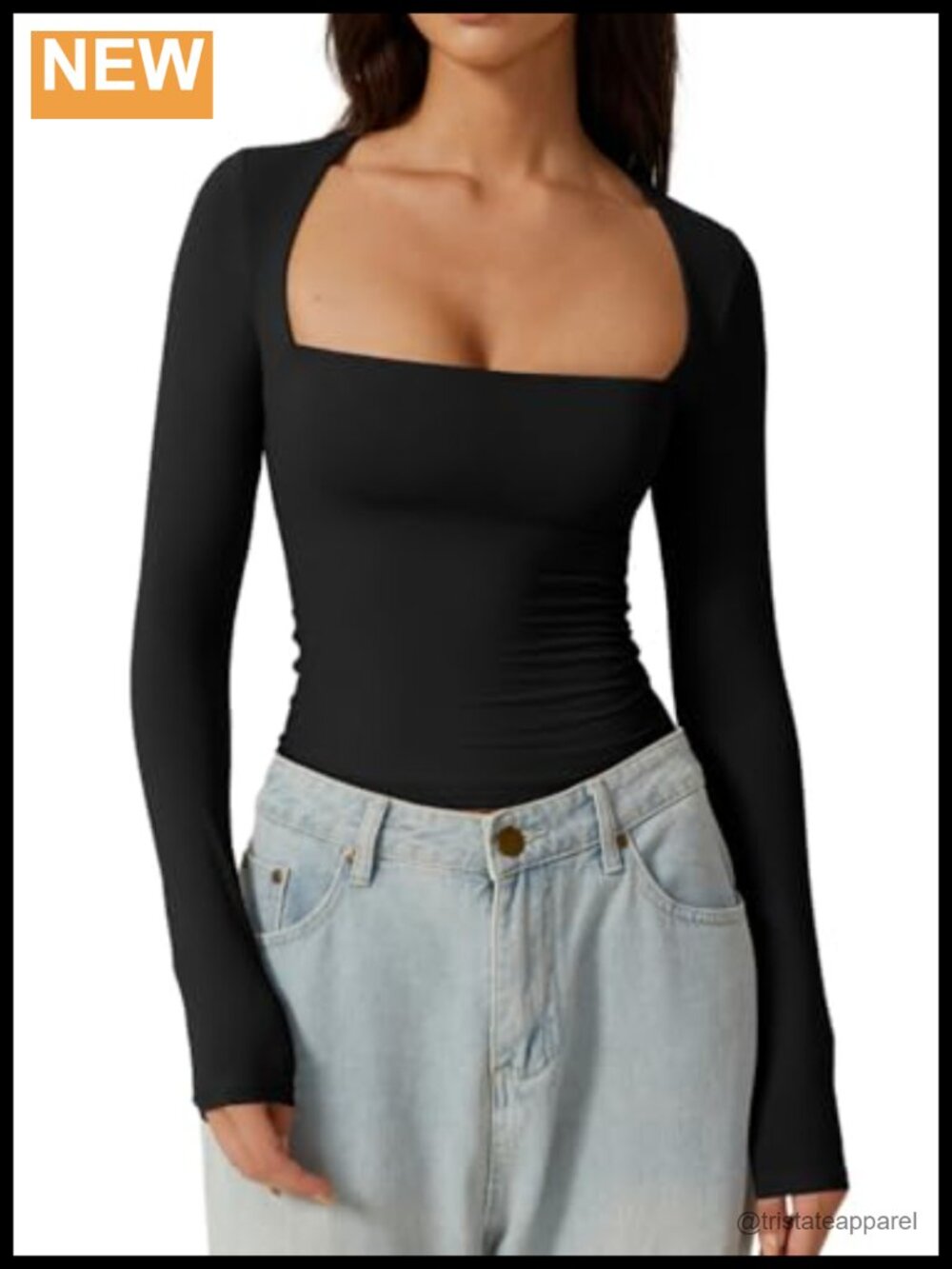 Square Neck Long Sleeve Fitted Double Lined Top Buttery Soft Slim Fit Going Out